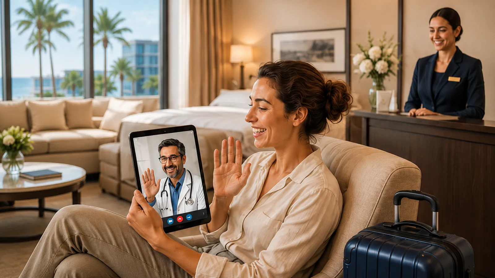 Patiente en téléconsultation vidéo depuis un salon d'hôtel